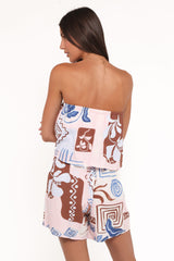Herbie Strapless Romper - Blue Brown Abstract