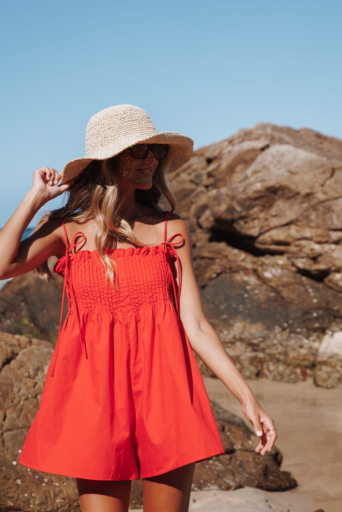 Liora Pleated Romper - Red