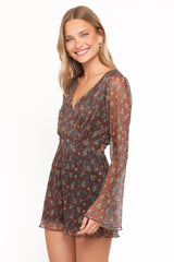 Rhiannon Long Sleeve Romper - Brown Floral