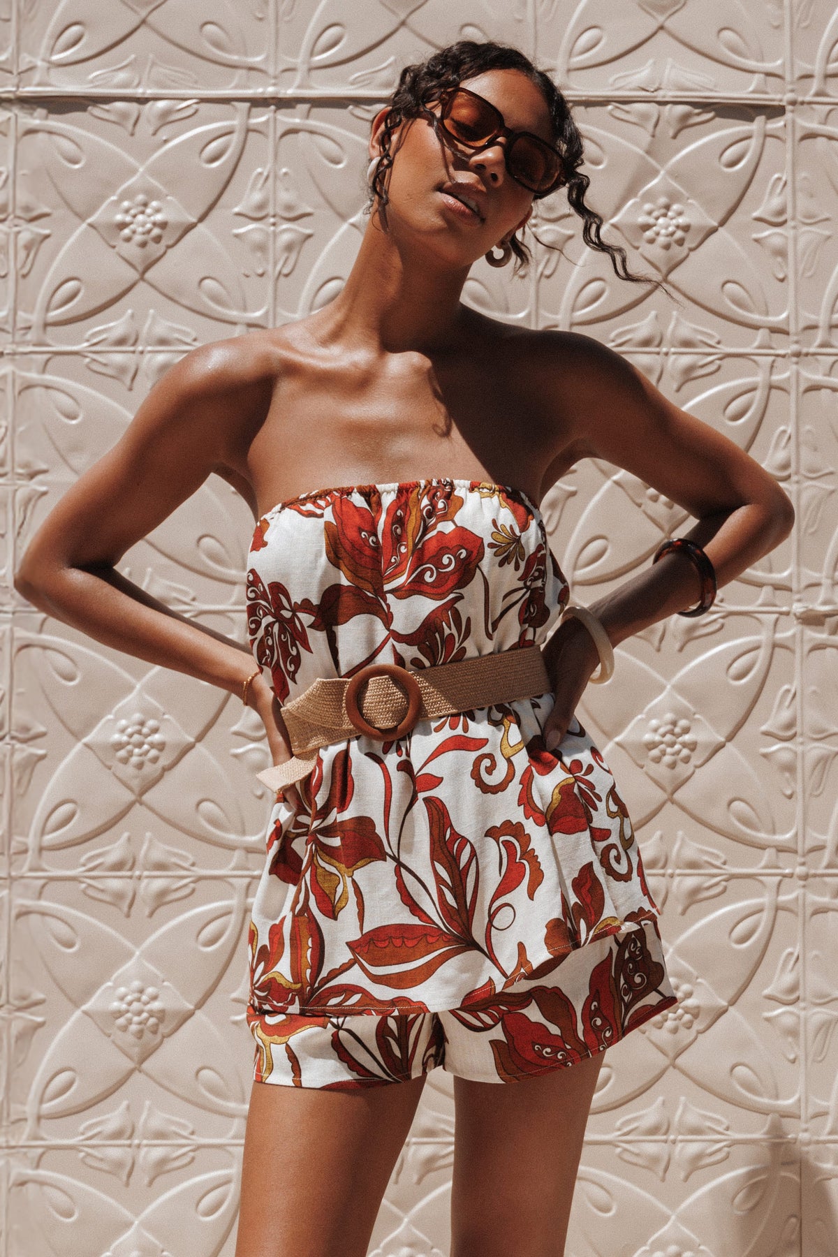 Sallie Strapless Romper - Brown Floral