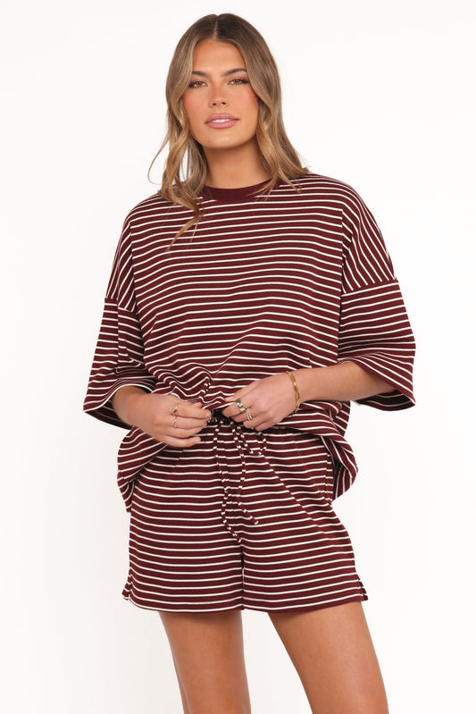 Hellen Stripe Short Set - Burgundy Cream Stripe