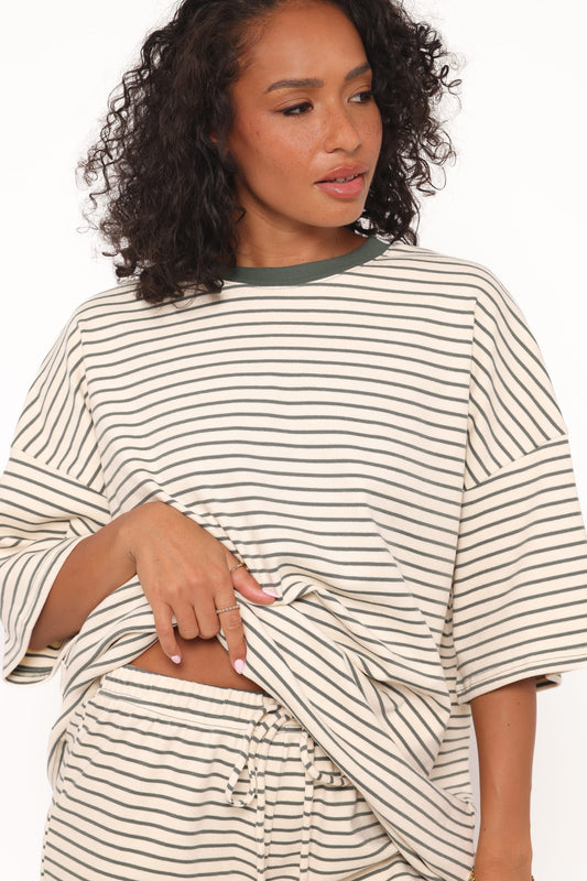 Hellen Stripe Short Set - Cream/Green Stripe