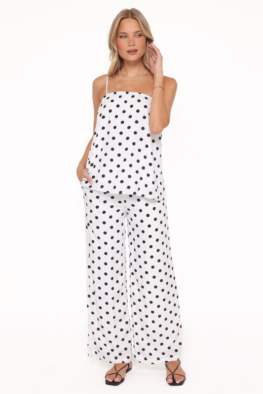Kristy Pant Set - White/Black Polka Dot