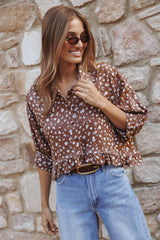 Ashe Cropped Button Up Top - Brown Floral