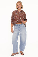 Ashe Cropped Button Up Top - Brown Floral