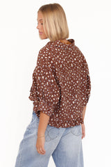 Ashe Cropped Button Up Top - Brown Floral