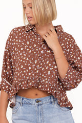 Ashe Cropped Button Up Top - Brown Floral