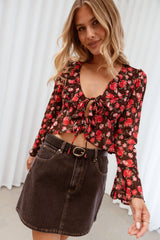 Aveline Chiffon Ruffle Front Top - Brown Floral