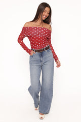 Caelira Off Shoulder Top - Red Polka Dot