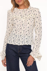 Eira Textured Ruffle Top - Cream Blue Floral