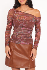 Elfrida Off Shoulder Mesh Top - Brown Floral