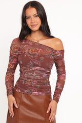 Elfrida Off Shoulder Mesh Top - Brown Floral