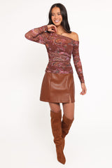 Elfrida Off Shoulder Mesh Top - Brown Floral