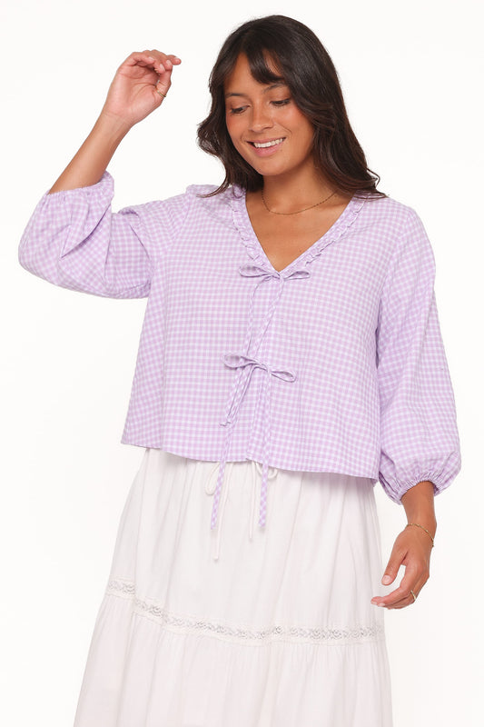 Fainche Front Tie Top - Lilac Gingham
