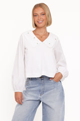 Kenna Embroidered Long Sleeve Top - White Floral