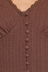 Leslie Long Sleeve Textured Button Front Top - Chocolate