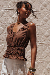 Lucilla Shirred Waist Top - Chocolate