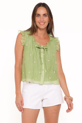 Lumi Embroidered Ruffle Top - Green