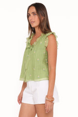 Lumi Embroidered Ruffle Top - Green
