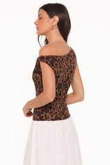 Maelis Twist Shoulder Mesh Top - Brown