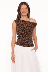 Maelis Twist Shoulder Mesh Top - Brown
