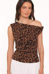 Maelis Twist Shoulder Mesh Top - Brown