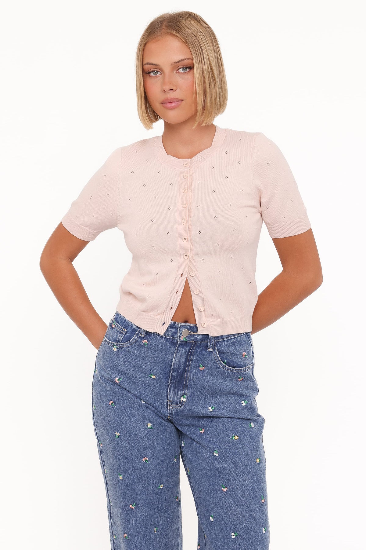 Monae Pointelle Button Up Top - Pink