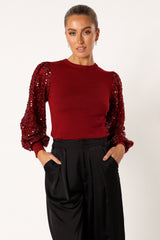 Rowan Sequin Sleeve Top - Burgundy
