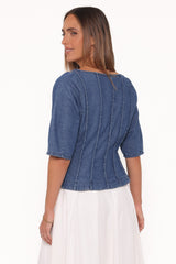 Saylor Denim Peplum Top - Blue Medium Wash