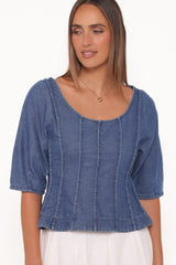 Saylor Denim Peplum Top - Blue Medium Wash