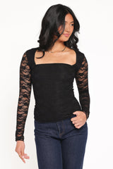 Skyler Square Neck Stretch Lace Top - Black