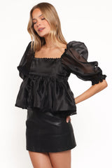 Solenne Puff Sleeve Peplum Organza Top - Black