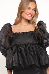 Solenne Puff Sleeve Peplum Organza Top - Black