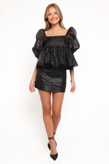 Solenne Puff Sleeve Peplum Organza Top - Black