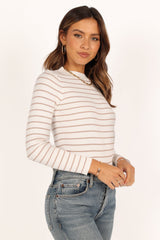 Stacie Ribbed Knit Top - Beige Stripe