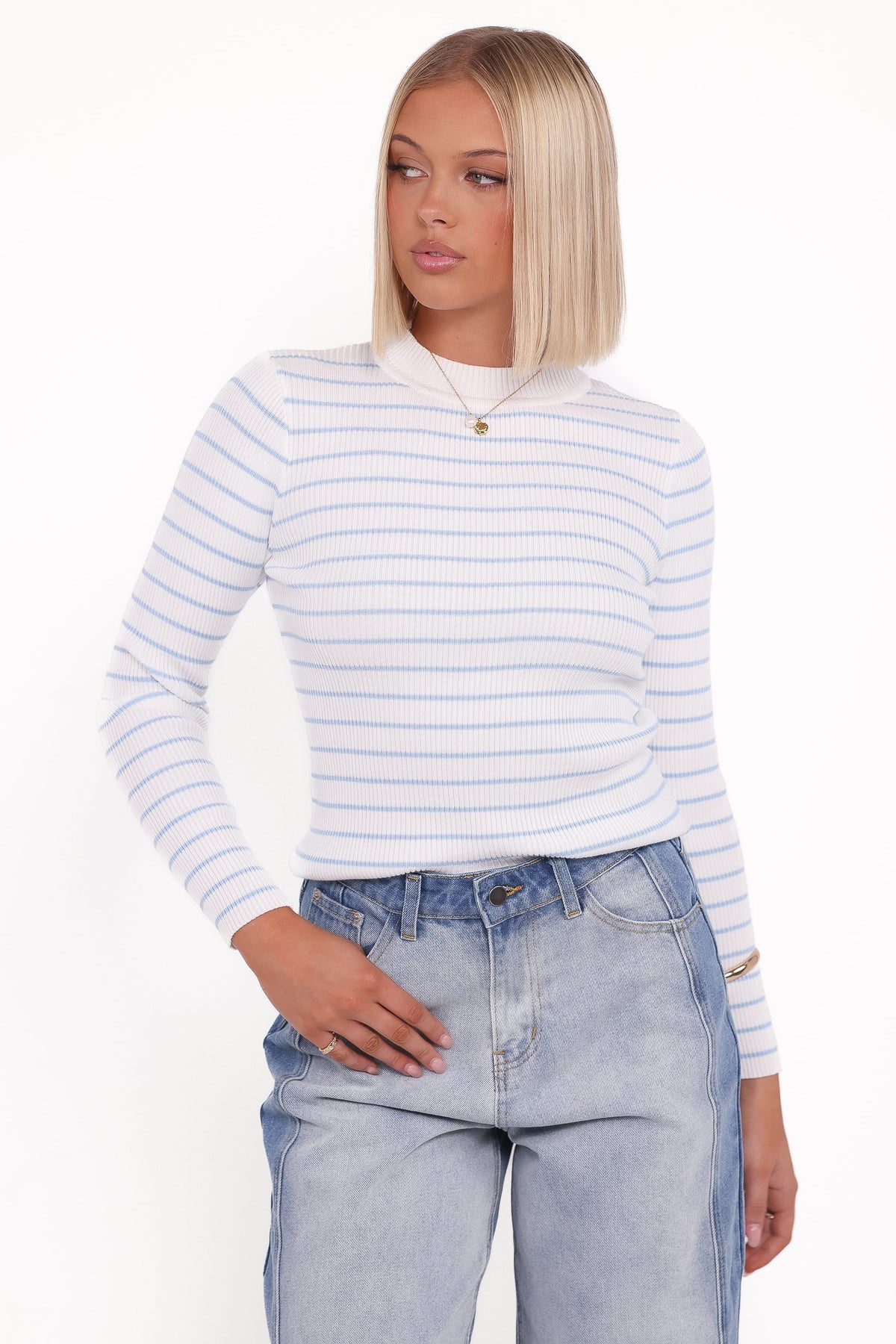 Stacie Ribbed Knit Top - Light Blue Stripe