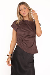 Vaila Faux Suede Off Shoulder Top - Chocolate