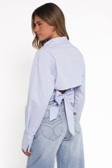 Vienne Tie Back Button Up Shirt - Blue/Brown Stripe