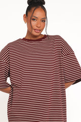 Wilda Oversized Tee - Burgundy Cream Stripe