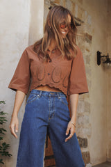 Williams Cropped Eyelet Button Up Shirt - Brown