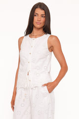 Winny Button Front Top - White Broderie