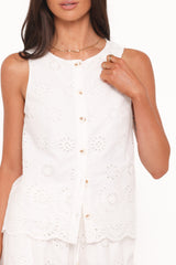 Winny Button Front Top - White Broderie