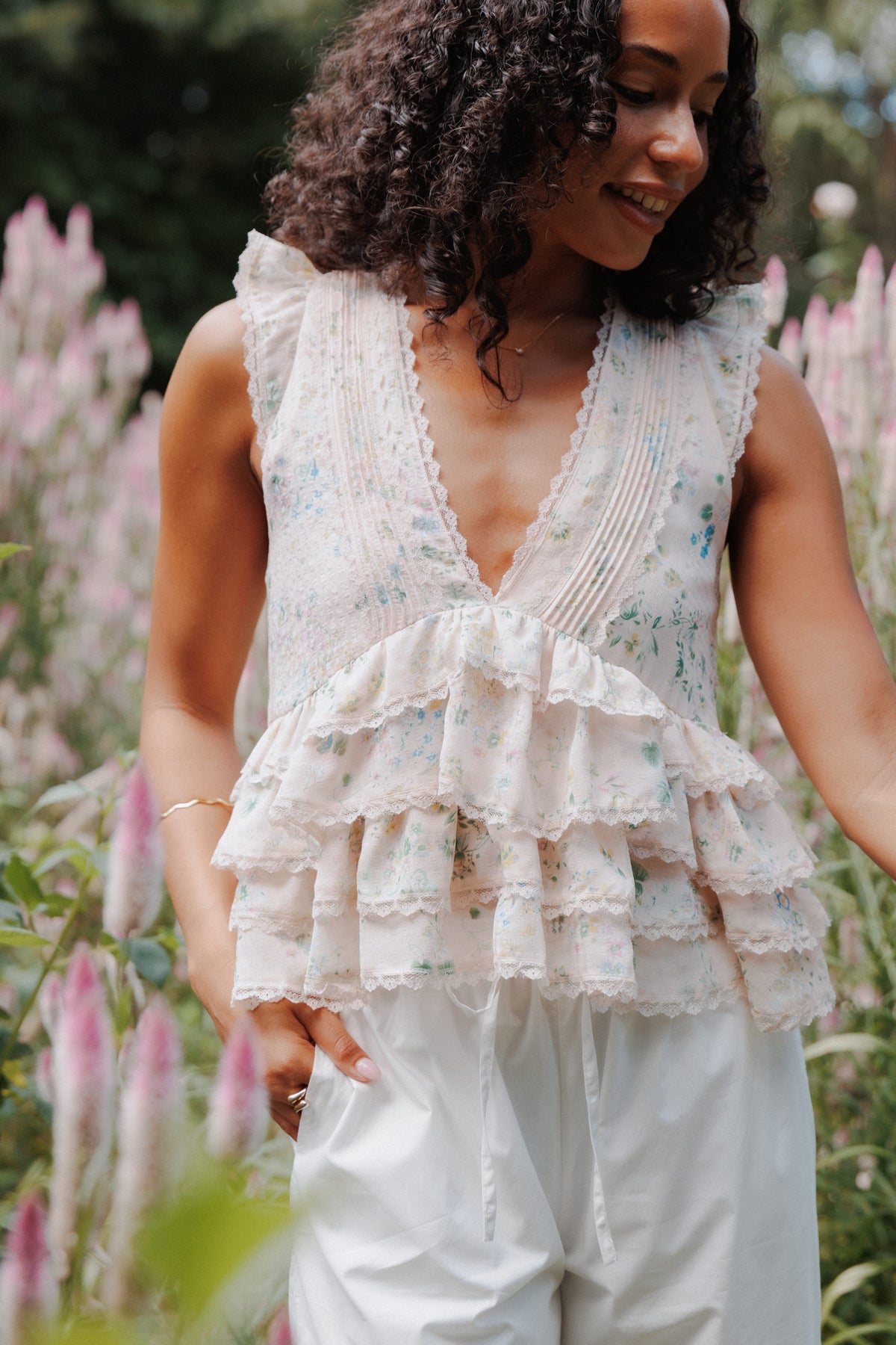 Yana Ruffle Top - Pastel Pink Floral