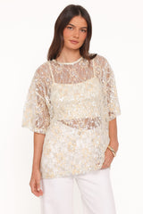 Yonder Sheer Lace Tee Top - Pale Yellow
