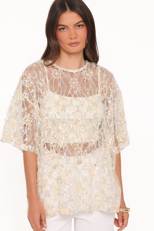 Yonder Sheer Lace Tee Top - Pale Yellow
