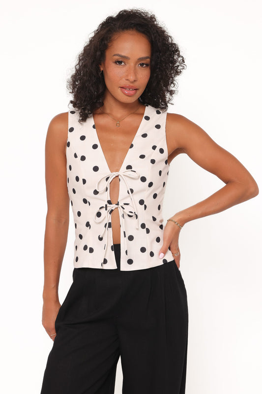 Zoie Tie Front Vest - Cream Polka Dot