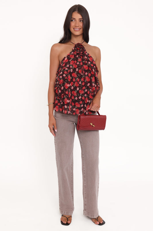 Zorina Halter Neck Chiffon Top - Brown Floral